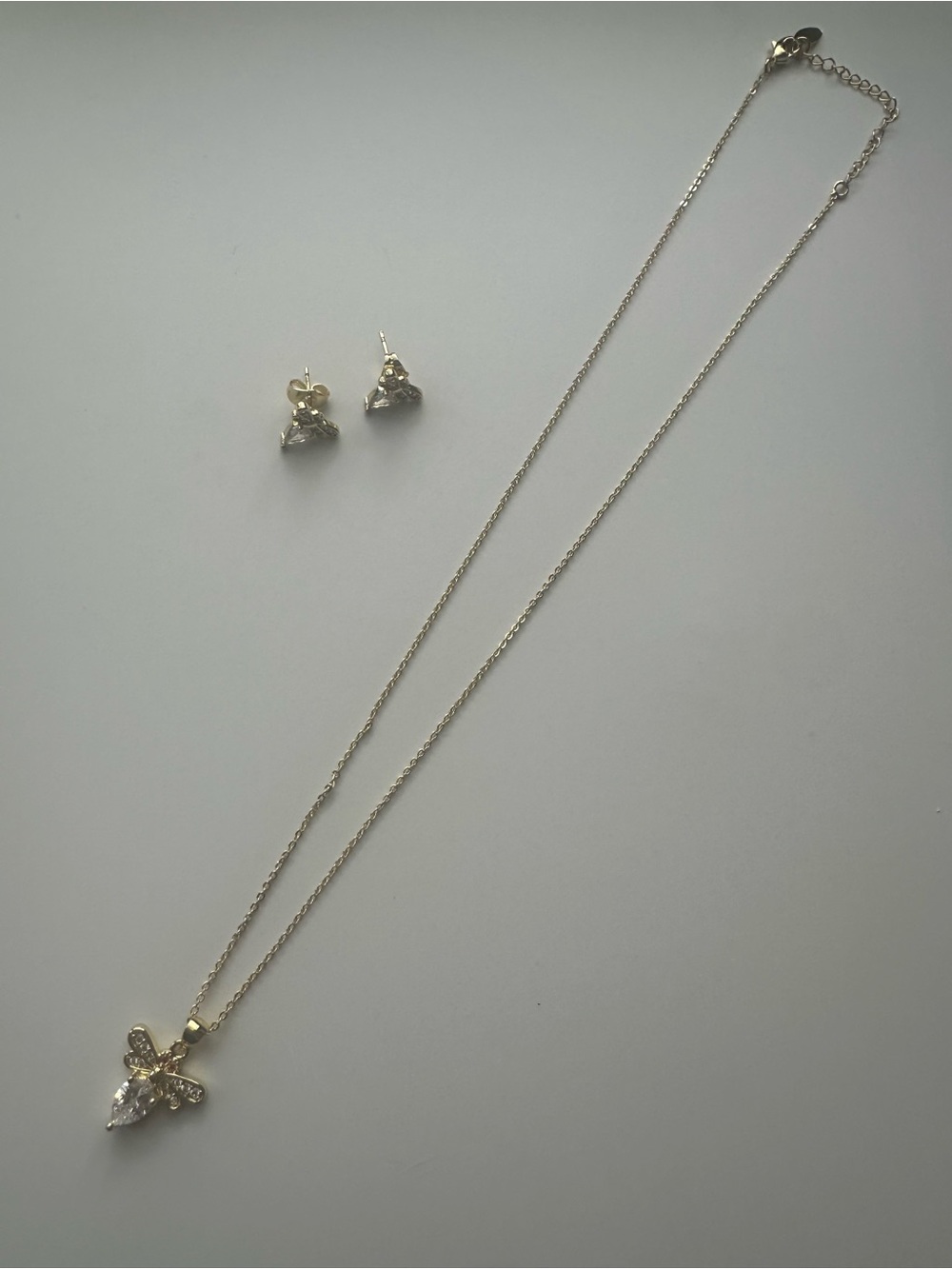 Gold Filled CZ Bee Pendant Necklace with Matching Stud Earrings